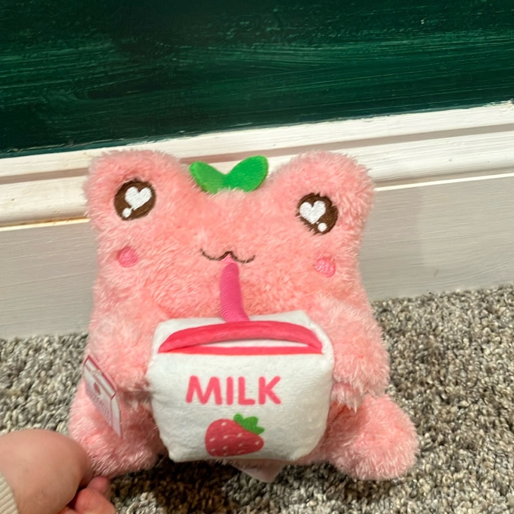 Cute Pink Frog Plush with Milk Design